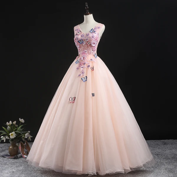 Chic / Beautiful Pearl Pink Prom Dresses 2020 Ball Gown V-Neck Sleeveless Butterfly Appliques Lace Beading Floor-Length / Long Ruffle Formal Dresses