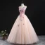 Chic / Beautiful Pearl Pink Prom Dresses 2020 Ball Gown V-Neck Sleeveless Butterfly Appliques Lace Beading Floor-Length / Long Ruffle Formal Dresses
