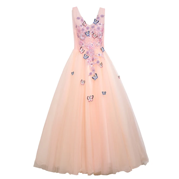 Chic / Beautiful Pearl Pink Prom Dresses 2020 Ball Gown V-Neck Sleeveless Butterfly Appliques Lace Beading Floor-Length / Long Ruffle Formal Dresses