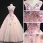 Chic / Beautiful Pearl Pink Prom Dresses 2020 Ball Gown V-Neck Sleeveless Butterfly Appliques Lace Beading Floor-Length / Long Ruffle Formal Dresses