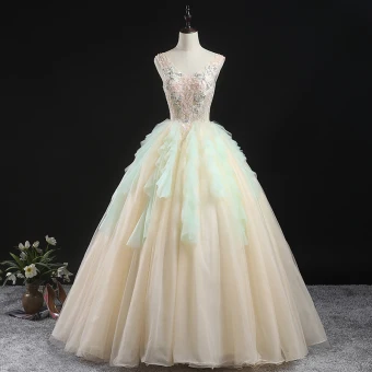 Charming Champagne Prom Dresses 2020 Ball Gown V Neck Sleeveless Floor Length Long Ruffle Backless Formal Dresses