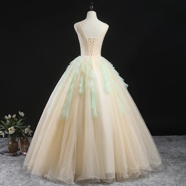 Charming Champagne Prom Dresses 2020 Ball Gown V-Neck Sleeveless Floor-Length / Long Ruffle Backless Formal Dresses