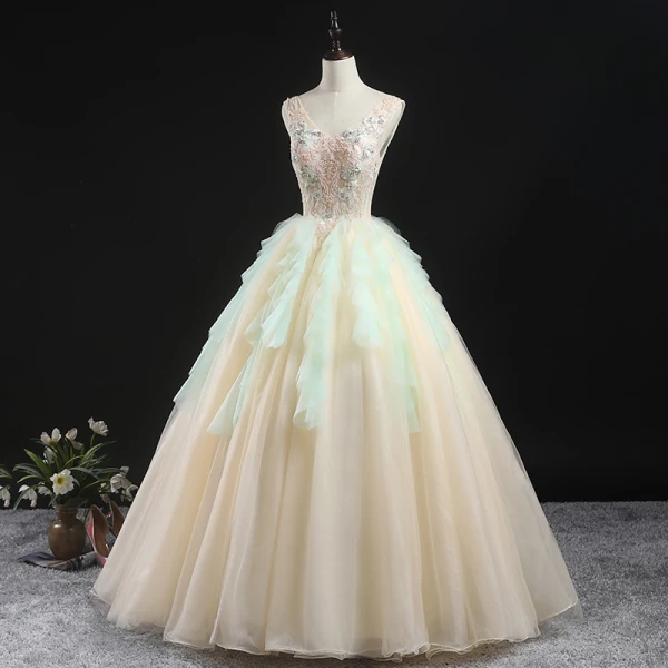Charming Champagne Prom Dresses 2020 Ball Gown V-Neck Sleeveless Floor-Length / Long Ruffle Backless Formal Dresses