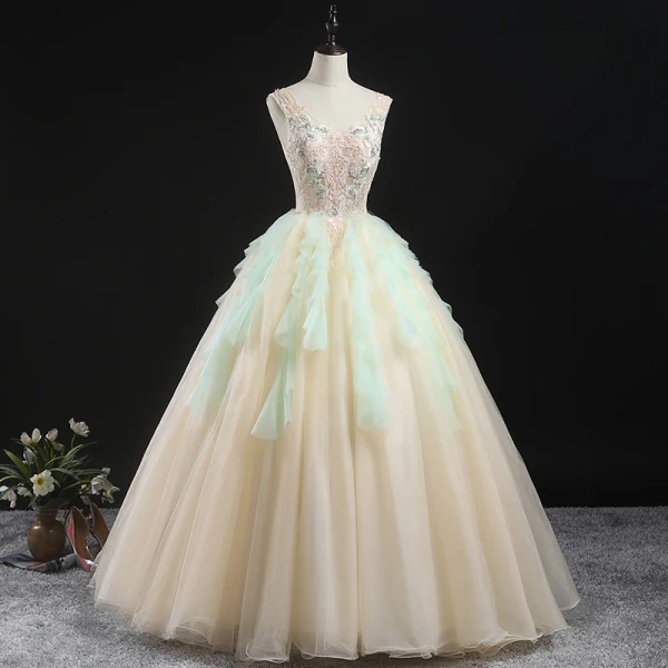 Charming Champagne Prom Dresses 2020 Ball Gown V-Neck Sleeveless Floor-Length / Long Ruffle Backless Formal Dresses