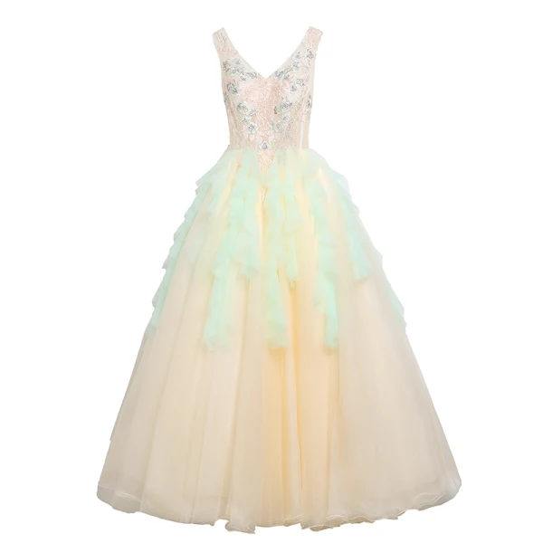 Charming Champagne Prom Dresses 2020 Ball Gown V-Neck Sleeveless Floor-Length / Long Ruffle Backless Formal Dresses