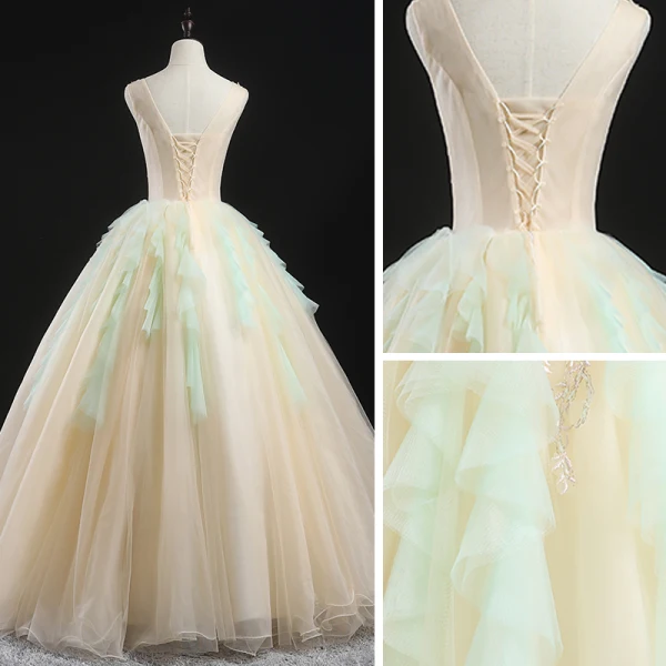 Charming Champagne Prom Dresses 2020 Ball Gown V-Neck Sleeveless Floor-Length / Long Ruffle Backless Formal Dresses