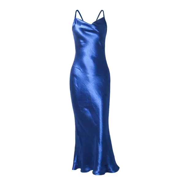 Elegant Holiday Gold Satin Summer Maxi Dresses 2020 Spaghetti Straps Sleeveless Backless Tea-length