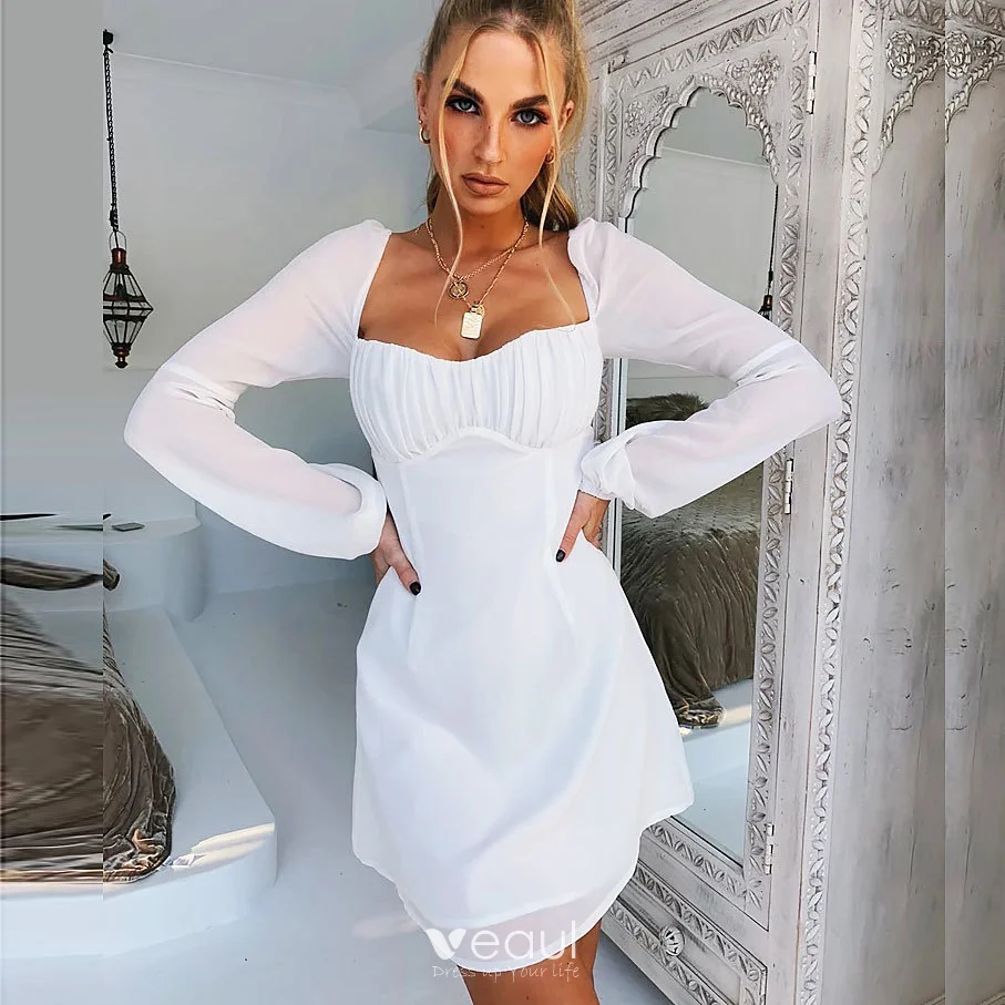 White Chiffon Dress White Long Sleeve Short Flowy Dress Chic Beautiful White  Chiffon Short Summer Maxi