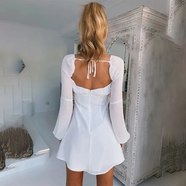 Chic / Beautiful White Chiffon Short Summer Maxi Dresses 2020 Square Neckline Puffy Long Sleeve Backless Womens Clothing