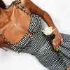 Affordable Black White Checked Summer Maxi Dresses 2020 Spaghetti Straps Sleeveless Backless Short Womens Clothing