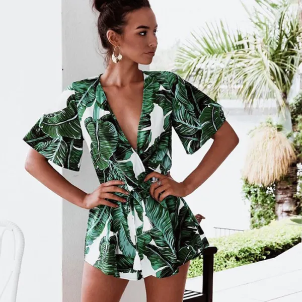 Affordable Green Floral Holiday Maxi Dresses 2020 Deep V-Neck 1/2 Sleeves Short Jumpsuit