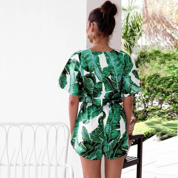 Affordable Green Floral Holiday Maxi Dresses 2020 Deep V-Neck 1/2 Sleeves Short Jumpsuit