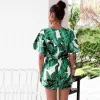 Affordable Green Floral Holiday Maxi Dresses 2020 Deep V-Neck 1/2 Sleeves Short Jumpsuit