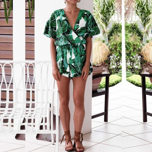 Affordable Green Floral Holiday Maxi Dresses 2020 Deep V-Neck 1/2 Sleeves Short Jumpsuit