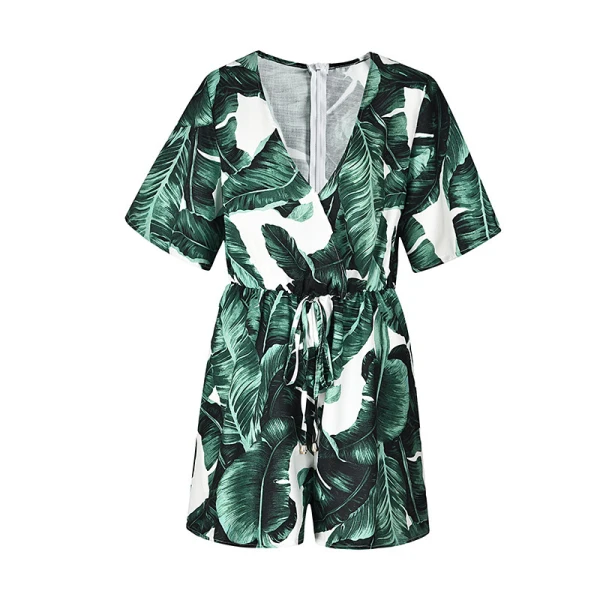 Affordable Green Floral Holiday Maxi Dresses 2020 Deep V-Neck 1/2 Sleeves Short Jumpsuit