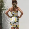 Schöne Weiß Strand Maxikleider 2020 Spaghettiträger Ärmellos Rückenfreies Drucken Blumen Polyester Kurze Damenbekleidung