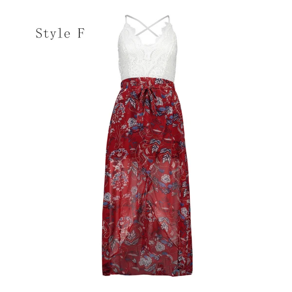 Erschwinglich Marineblau Sommer Strand Maxikleider 2020 Spaghettiträger Ärmellos Drucken Blumen Chiffon Knöchellänge Gespaltete Front Rückenfreies Damenbekleidung