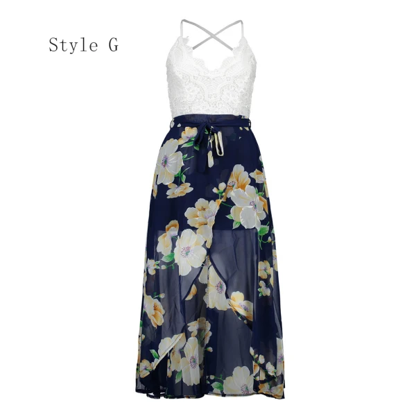 Erschwinglich Marineblau Sommer Strand Maxikleider 2020 Spaghettiträger Ärmellos Drucken Blumen Chiffon Knöchellänge Gespaltete Front Rückenfreies Damenbekleidung