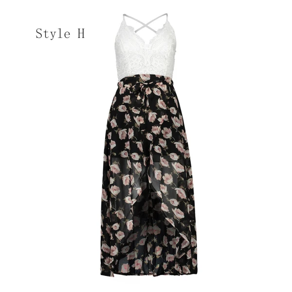 Erschwinglich Marineblau Sommer Strand Maxikleider 2020 Spaghettiträger Ärmellos Drucken Blumen Chiffon Knöchellänge Gespaltete Front Rückenfreies Damenbekleidung