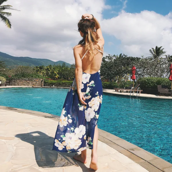 Affordable Navy Blue Summer Beach Maxi Dresses 2020 Spaghetti Straps Sleeveless Printing Flower Chiffon Ankle Length Split Front Backless Womens