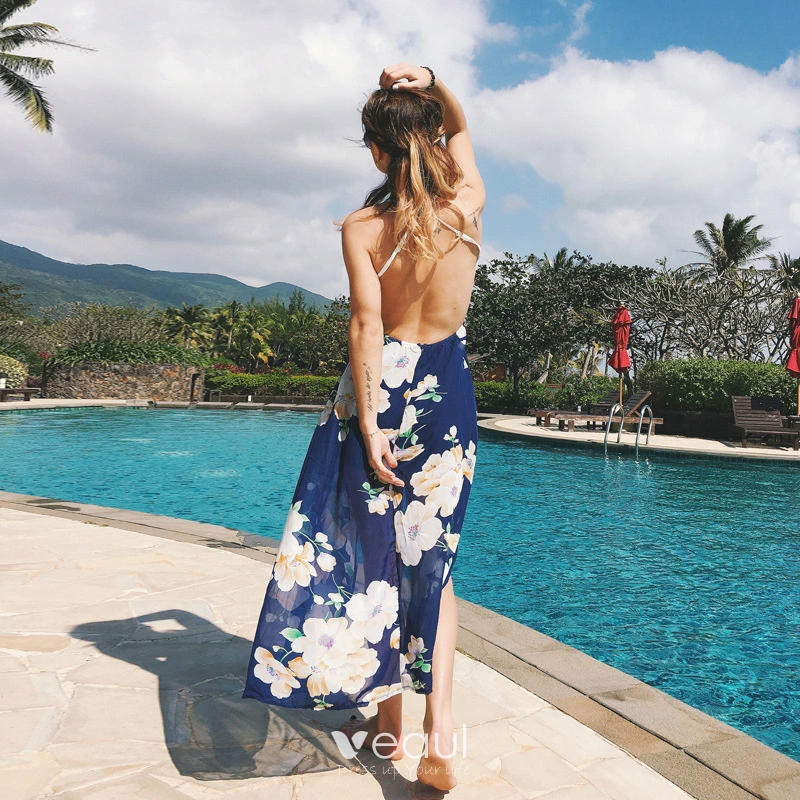 Sexy A line Spaghetti Straps Blue Floral Backless Holiday Beach Dress Women's Long Vacation Dresses main image 0