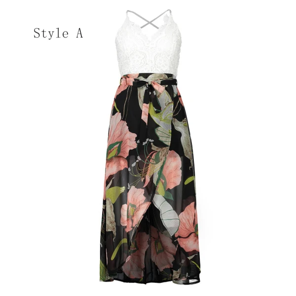 Erschwinglich Marineblau Sommer Strand Maxikleider 2020 Spaghettiträger Ärmellos Drucken Blumen Chiffon Knöchellänge Gespaltete Front Rückenfreies Damenbekleidung