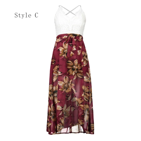 Erschwinglich Marineblau Sommer Strand Maxikleider 2020 Spaghettiträger Ärmellos Drucken Blumen Chiffon Knöchellänge Gespaltete Front Rückenfreies Damenbekleidung
