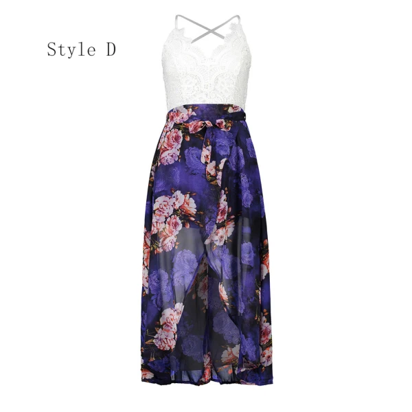 Erschwinglich Marineblau Sommer Strand Maxikleider 2020 Spaghettiträger Ärmellos Drucken Blumen Chiffon Knöchellänge Gespaltete Front Rückenfreies Damenbekleidung