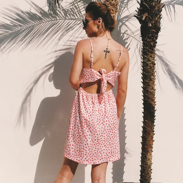 Chic / Belle Été Watermelon Rouge Floral Robes longues 2020 Bretelles Spaghetti Sans Manches Dos Nu Plage Courte Vêtements Femme