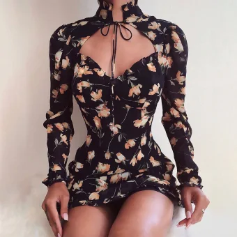 Chic Beautiful Navy Blue Beach Summer Maxi Dresses 2020 High Neck Long Sleeve Floral Tulle Short Womens Clothing