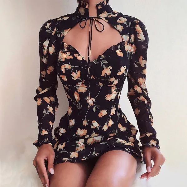 Chic / Beautiful Navy Blue Beach Summer Maxi Dresses 2020 High Neck Long Sleeve Floral Tulle Short Womens Clothing