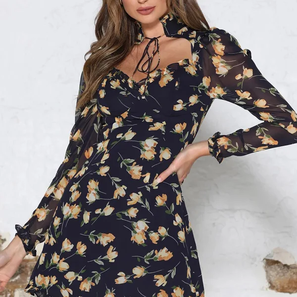 Chic / Belle Bleu Marine Plage Été Robes longues 2020 Col Haut Manches Longues Floral Tulle Courte Vêtements Femme
