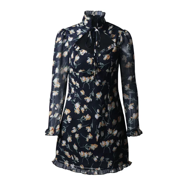 Chic / Belle Bleu Marine Plage Été Robes longues 2020 Col Haut Manches Longues Floral Tulle Courte Vêtements Femme