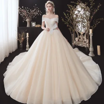 Affordable Champagne Bridal Wedding Dresses 2020 Ball Gown Off The Shoulder Short Sleeve Backless Bow Glitter Tulle Cathedral Train