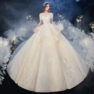 Chic Beautiful Champagne Bridal Wedding Dresses 2020 Ball Gown Off The Shoulder Short Sleeve Backless Glitter Tulle Appliques Lace Beading Cathedral Train