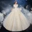 Chic / Belle Champagne La Mariée Robe De Mariée 2020 Robe Boule De l'épaule Manches Courtes Dos Nu Glitter Tulle Appliques En Dentelle Perlage Cathedral Train