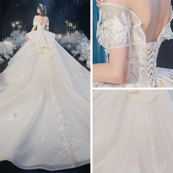 Chic / Belle Champagne La Mariée Robe De Mariée 2020 Robe Boule De l'épaule Manches Courtes Dos Nu Glitter Tulle Appliques En Dentelle Perlage Cathedral Train