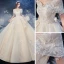 Chic / Belle Champagne La Mariée Robe De Mariée 2020 Robe Boule De l'épaule Manches Courtes Dos Nu Glitter Tulle Appliques En Dentelle Perlage Cathedral Train