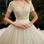 Luxe Champagne La Mariée Robe De Mariée 2020 Robe Boule V-Cou Manches Courtes Dos Nu Perlage Perle Glitter Tulle Cathedral Train Volants