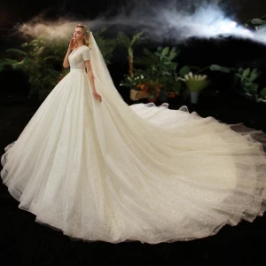Luxe Champagne La Mariée Robe De Mariée 2020 Robe Boule V Cou Manches Courtes Dos Nu Perlage Perle Glitter Tulle Cathedral Train Volants