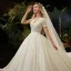 Luxe Champagne La Mariée Robe De Mariée 2020 Robe Boule V-Cou Manches Courtes Dos Nu Perlage Perle Glitter Tulle Cathedral Train Volants