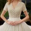 Luxe Champagne La Mariée Robe De Mariée 2020 Robe Boule V-Cou Manches Courtes Dos Nu Perlage Perle Glitter Tulle Cathedral Train Volants