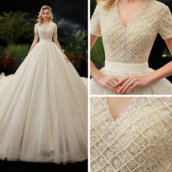 Luxe Champagne La Mariée Robe De Mariée 2020 Robe Boule V-Cou Manches Courtes Dos Nu Perlage Perle Glitter Tulle Cathedral Train Volants