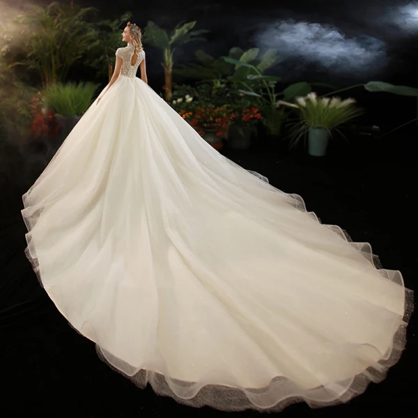 Illusion Champagne See-through Bridal Wedding Dresses 2020 Ball Gown High Neck Short Sleeve Backless Beading Glitter Tulle Cathedral Train