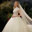 Illusion Champagne See-through Bridal Wedding Dresses 2020 Ball Gown High Neck Short Sleeve Backless Beading Glitter Tulle Cathedral Train