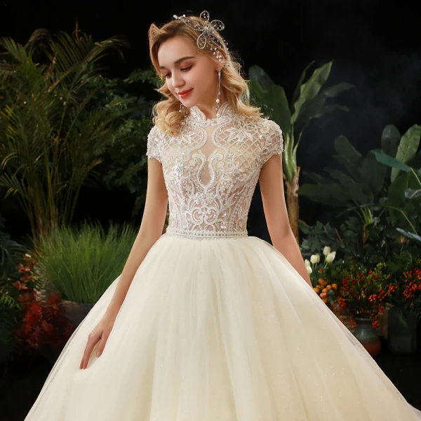 Illusion Champagne See-through Bridal Wedding Dresses 2020 Ball Gown High Neck Short Sleeve Backless Beading Glitter Tulle Cathedral Train
