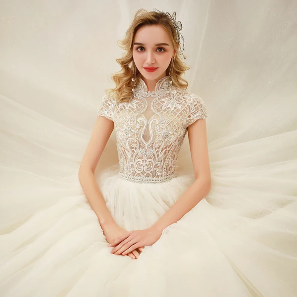 Illusion Champagne See-through Bridal Wedding Dresses 2020 Ball Gown High Neck Short Sleeve Backless Beading Glitter Tulle Cathedral Train