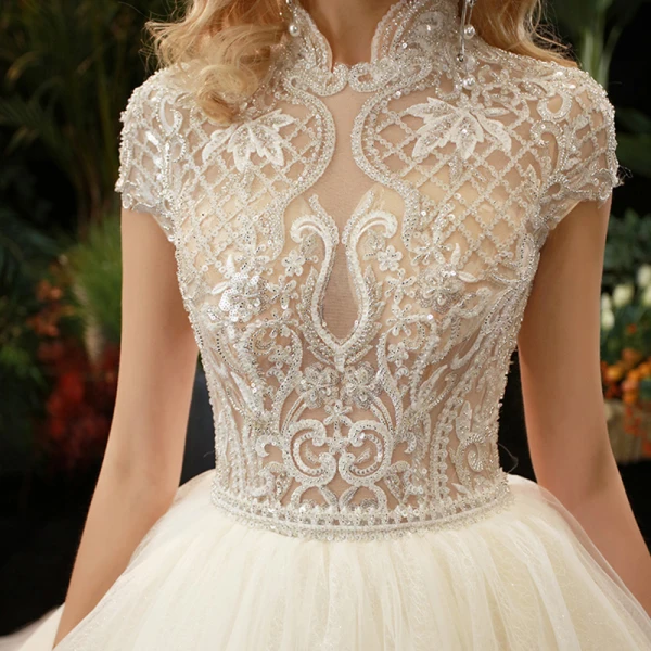 Illusion Champagne See-through Bridal Wedding Dresses 2020 Ball Gown High Neck Short Sleeve Backless Beading Glitter Tulle Cathedral Train