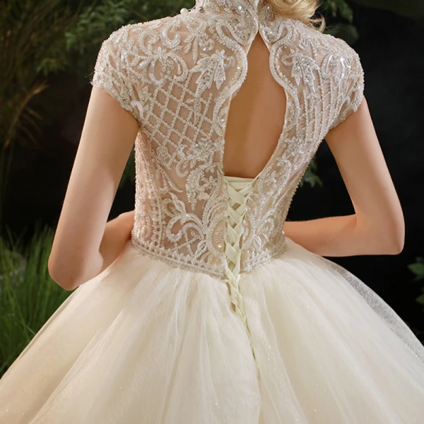 Illusion Champagne See-through Bridal Wedding Dresses 2020 Ball Gown High Neck Short Sleeve Backless Beading Glitter Tulle Cathedral Train