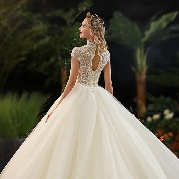 Illusion Champagne See-through Bridal Wedding Dresses 2020 Ball Gown High Neck Short Sleeve Backless Beading Glitter Tulle Cathedral Train